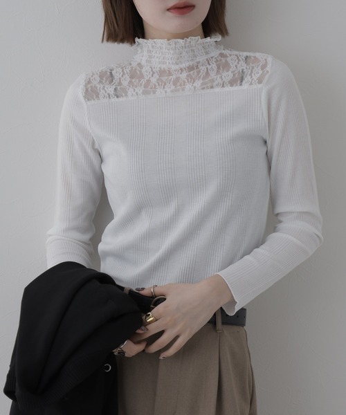 FUNALIVE(ファンアライブ)の「NARNAD LADYS レース使いハイネックトップス 長袖(Tシャツ/カットソー・レディース・オフホワイト/ネイビー/ブラック/チャコールグレー・M)」の1枚目の写真
