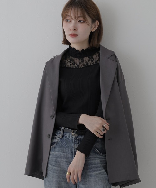 FUNALIVE(ファンアライブ)の「NARNAD LADYS レース使いハイネックトップス 長袖(Tシャツ/カットソー・レディース・オフホワイト/ネイビー/ブラック/チャコールグレー・M)」の2枚目の写真