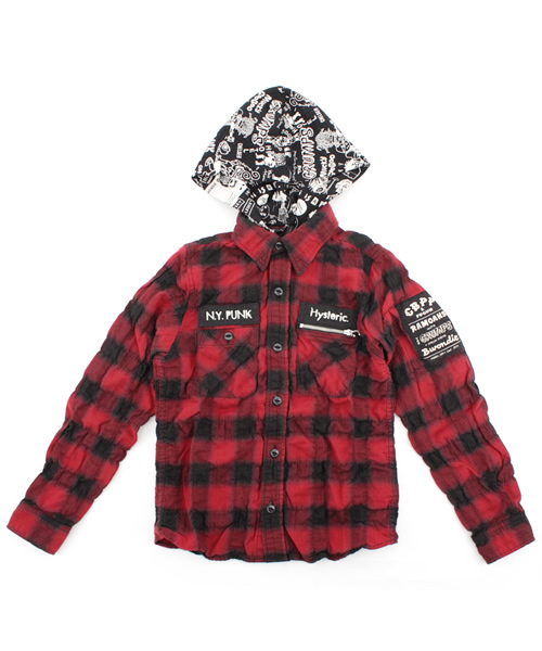HYSTERIC MINI（ヒステリックミニ）の「Ｍａｔｔ　ＮＹ　ＰＵＮＫ　フード付きチェックシャツ（シャツ/ブラウス・キッズ・ブラック/レッド・130/140）」の2枚目の写真