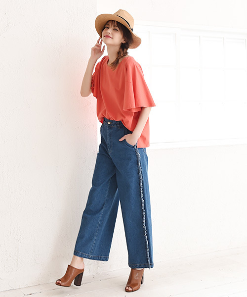 Luz Llena（ラズレナ）の「[綿100%]サイドフリンジ・ワイドデニムパンツ（デニムパンツ・レディース・サックスブルー/ブルー・MEDIUM）」の9枚目の写真