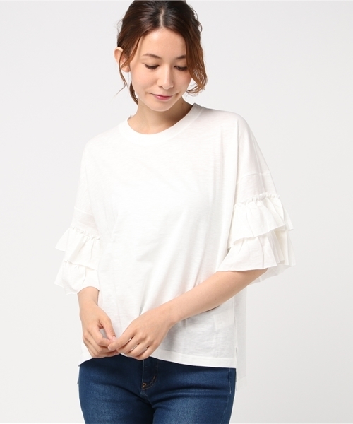 Simplicite(サンプリシテ)の「 【SIMPLICITE】フリルギャザースリーブTee♯(Tシャツ/カットソー・レディース・ブルー系その他/ブラック/ホワイト・FREE)」の1枚目の写真