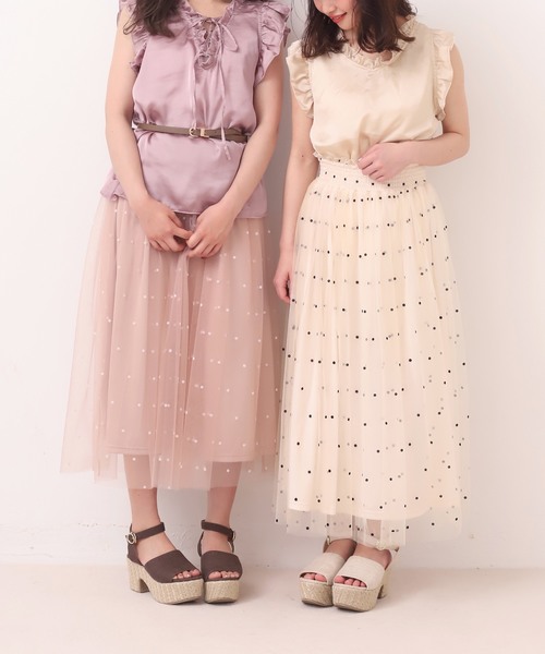 one after another NICE CLAUP(ワンアフターアナザーナイスクラップ)の「フロッキードットチュールスカート(スカート・レディース・アイボリー/モカ/ピンク・FREE)」の6枚目の写真