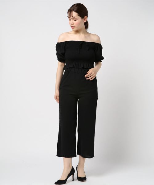 minius（ミニウス）の「シャーリングオフショルブラウス&クロプトパンツセットアップ/レディース セットアップ オフショルダーブラウス クロップドパンツ（セットアップ・レディース・ブラック/ベージュ/フューシャピンク・MEDIUM）」の2枚目の写真