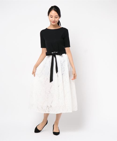 KOBE LETTUCE（コウベレタス）の「ウエストリボン5分袖マキシ丈ドッキングワンピース（ワンピース・レディース・ホワイト系その他/ブラック系その他/ベージュ系その他/ブルー系その他・FREE）」の2枚目の写真