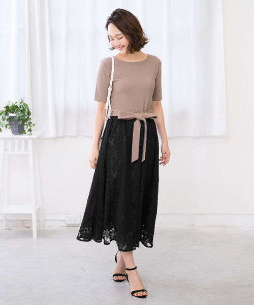 KOBE LETTUCE（コウベレタス）の「ウエストリボン5分袖マキシ丈ドッキングワンピース（ワンピース・レディース・ホワイト系その他/ブラック系その他/ベージュ系その他/ブルー系その他・FREE）」の3枚目の写真