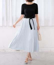 KOBE LETTUCE | ウエストリボン5分袖マキシ丈ドッキングワンピース(ワンピース)