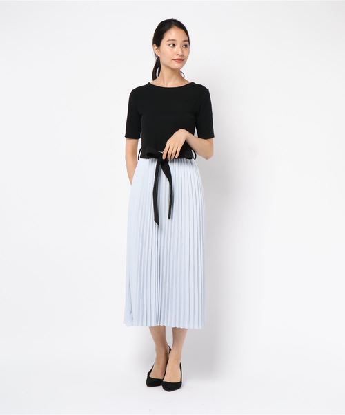 KOBE LETTUCE（コウベレタス）の「ウエストリボン5分袖マキシ丈ドッキングワンピース（ワンピース・レディース・ホワイト系その他/ブラック系その他/ベージュ系その他/ブルー系その他・FREE）」の9枚目の写真