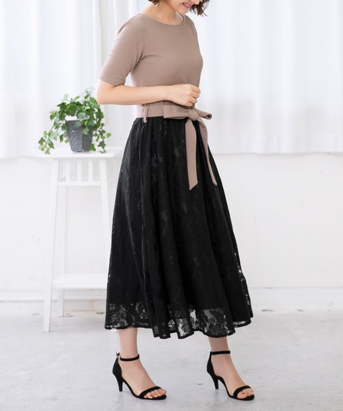 KOBE LETTUCE（コウベレタス）の「ウエストリボン5分袖マキシ丈ドッキングワンピース（ワンピース・レディース・ホワイト系その他/ブラック系その他/ベージュ系その他/ブルー系その他・FREE）」の11枚目の写真