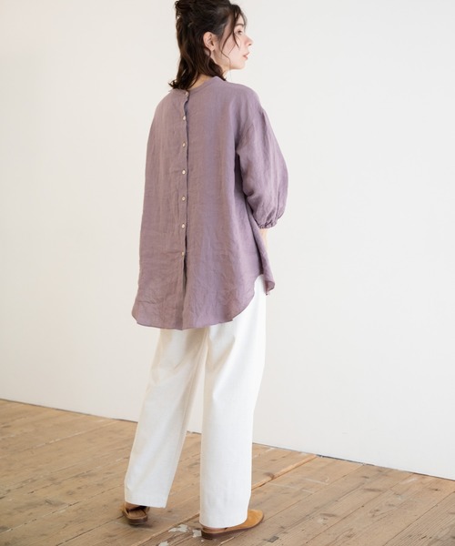 Munich（ミューニック）の「フレンチリネンキャンバス　スタンドカラーブラウス（シャツ/ブラウス・レディース・ホワイト/ブラック/ベージュ/パープル・FREE）」の19枚目の写真