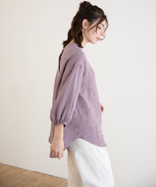 Munich（ミューニック）の「フレンチリネンキャンバス　スタンドカラーブラウス（シャツ/ブラウス・レディース・ホワイト/ブラック/ベージュ/パープル・FREE）」の21枚目の写真