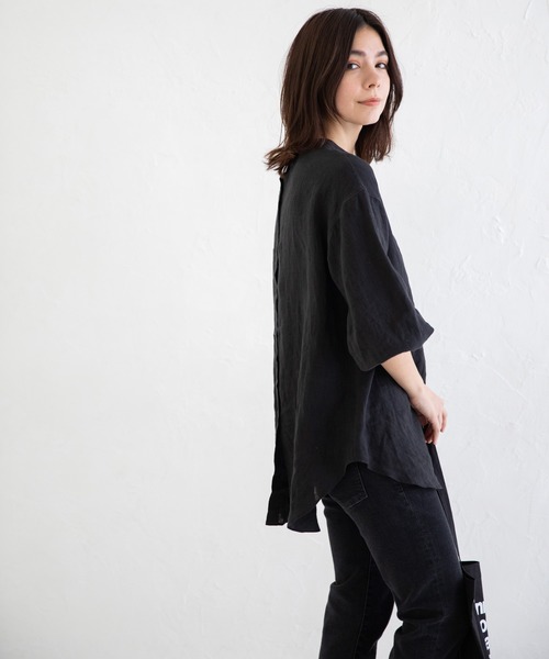 Munich（ミューニック）の「フレンチリネンキャンバス　スタンドカラーブラウス（シャツ/ブラウス・レディース・ホワイト/ブラック/ベージュ/パープル・FREE）」の12枚目の写真