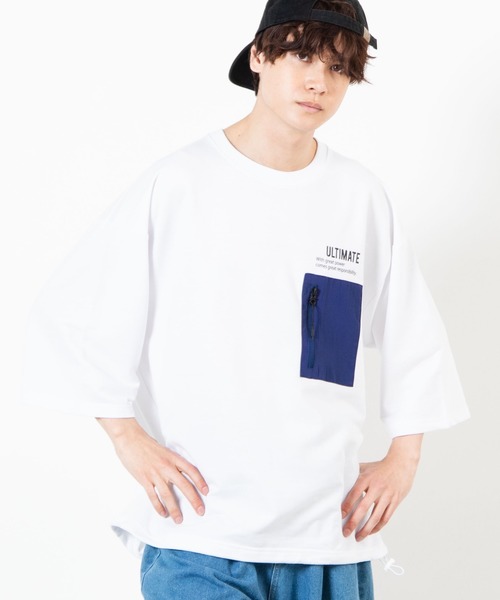 WEGO（ウィゴー）の「WEGO/ミニ裏毛ナイロンポケット5分袖プルオーバー（スウェット・メンズ・ベージュ/ホワイト・MEDIUM/LARGE）」の2枚目の写真