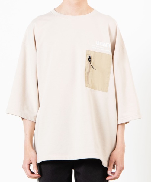 WEGO（ウィゴー）の「WEGO/ミニ裏毛ナイロンポケット5分袖プルオーバー（スウェット・メンズ・ベージュ/ホワイト・MEDIUM/LARGE）」の6枚目の写真