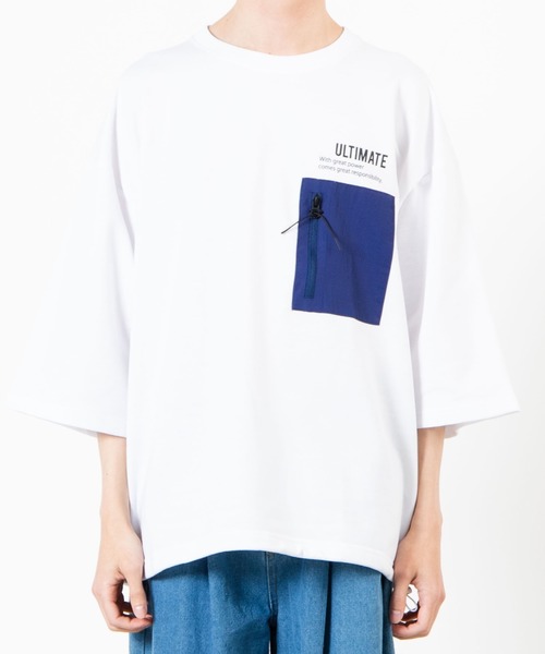 WEGO（ウィゴー）の「WEGO/ミニ裏毛ナイロンポケット5分袖プルオーバー（スウェット・メンズ・ベージュ/ホワイト・MEDIUM/LARGE）」の7枚目の写真