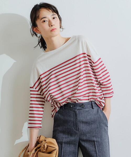 green label relaxing（グリーンレーベルリラクシング）の「FFC オーバーサイズ Tシャツ / ボーダー（Tシャツ/カットソー・レディース・ライトブルー/ブラック/ワインレッド/ナチュラル・FREE）」の4枚目の写真