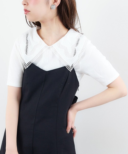 natural couture(ナチュラルクチュール)の「ビッグ衿デザインリブトップス(Tシャツ/カットソー・レディース・ライトベージュ/オフホワイト/その他1/ブラック・FREE)」の1枚目の写真