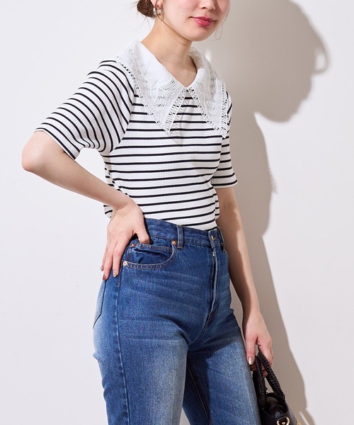 natural couture(ナチュラルクチュール)の「ビッグ衿デザインリブトップス(Tシャツ/カットソー・レディース・ライトベージュ/オフホワイト/その他1/ブラック・FREE)」の14枚目の写真