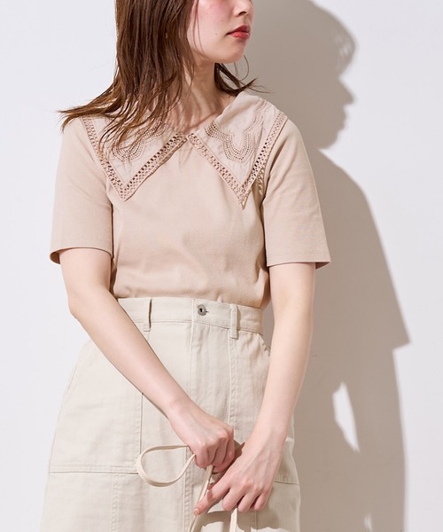 natural couture(ナチュラルクチュール)の「ビッグ衿デザインリブトップス(Tシャツ/カットソー・レディース・ライトベージュ/オフホワイト/その他1/ブラック・FREE)」の10枚目の写真