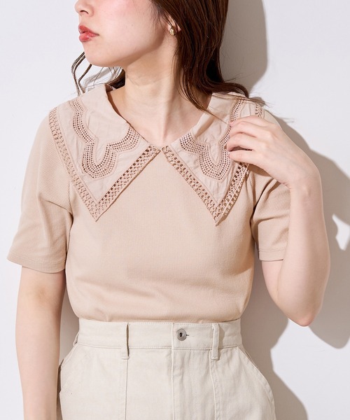 natural couture(ナチュラルクチュール)の「ビッグ衿デザインリブトップス(Tシャツ/カットソー・レディース・ライトベージュ/オフホワイト/その他1/ブラック・FREE)」の9枚目の写真