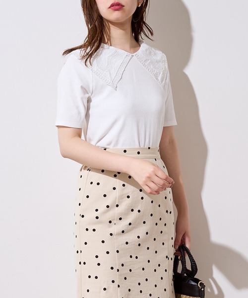 natural couture(ナチュラルクチュール)の「ビッグ衿デザインリブトップス(Tシャツ/カットソー・レディース・ライトベージュ/オフホワイト/その他1/ブラック・FREE)」の5枚目の写真