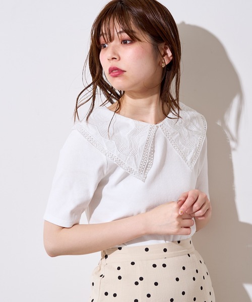 natural couture(ナチュラルクチュール)の「ビッグ衿デザインリブトップス(Tシャツ/カットソー・レディース・ライトベージュ/オフホワイト/その他1/ブラック・FREE)」の7枚目の写真