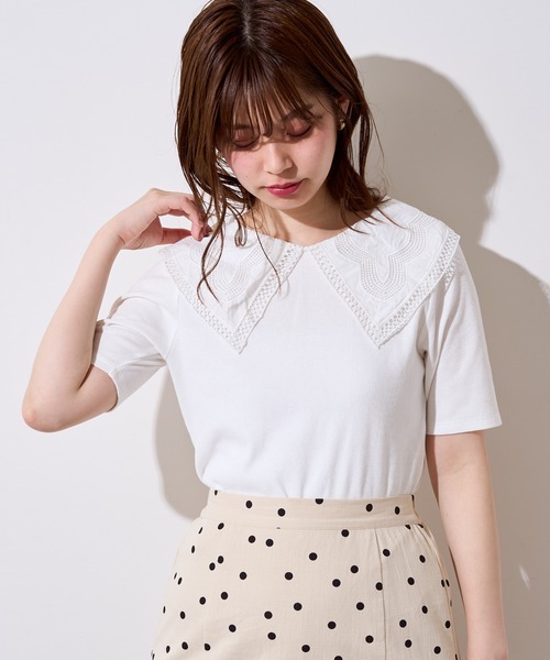 natural couture(ナチュラルクチュール)の「ビッグ衿デザインリブトップス(Tシャツ/カットソー・レディース・ライトベージュ/オフホワイト/その他1/ブラック・FREE)」の6枚目の写真