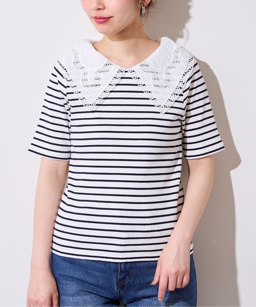 natural couture(ナチュラルクチュール)の「ビッグ衿デザインリブトップス(Tシャツ/カットソー・レディース・ライトベージュ/オフホワイト/その他1/ブラック・FREE)」の17枚目の写真