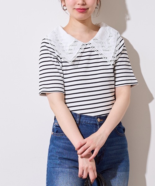 natural couture(ナチュラルクチュール)の「ビッグ衿デザインリブトップス(Tシャツ/カットソー・レディース・ライトベージュ/オフホワイト/その他1/ブラック・FREE)」の13枚目の写真