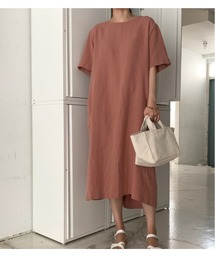 大人シルエット　ゆったりシルエット　ロング丈　綿麻　半端袖ウエストリボンデザインVネックワンピース
