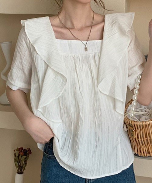 レディーススクエアネックのこなれフリルブラウス