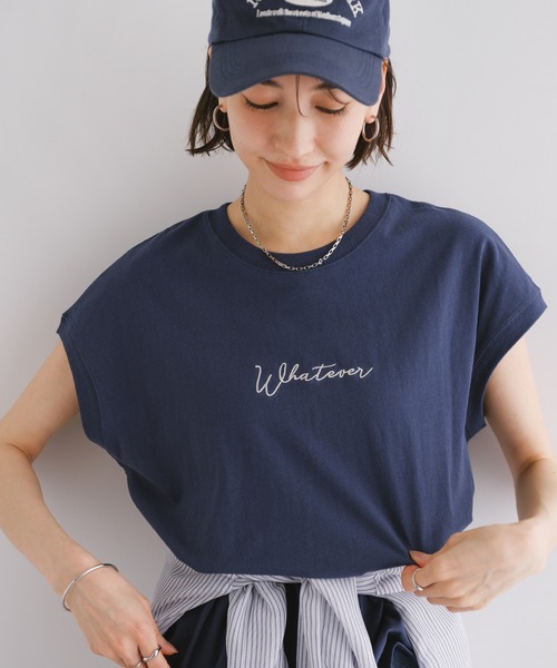 andme(アンドミー)の「コットン天竺エンブロイダリーロゴフレンチスリーブTシャツ(Tシャツ/カットソー・レディース・ラベンダー/ブラック/オフホワイト/ベージュ/グリーン/ブルー/チャコールグレー/ピンク/ネイビー・M)」の6枚目の写真