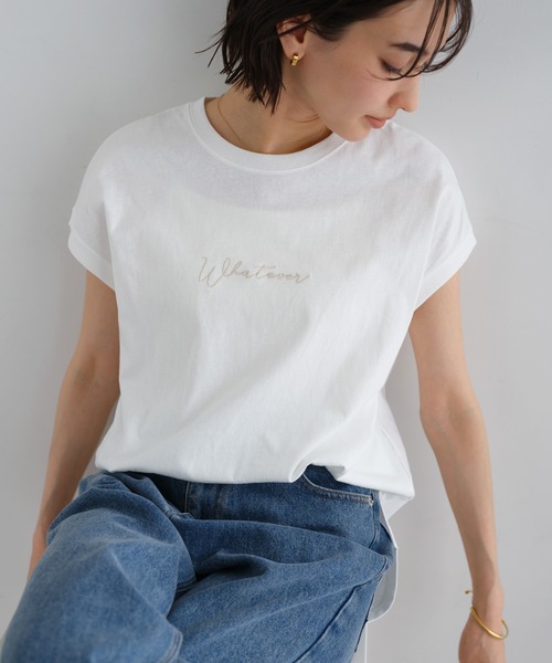 andme(アンドミー)の「コットン天竺エンブロイダリーロゴフレンチスリーブTシャツ(Tシャツ/カットソー・レディース・ラベンダー/ブラック/オフホワイト/ベージュ/グリーン/ブルー/チャコールグレー/ピンク/ネイビー・M)」の13枚目の写真