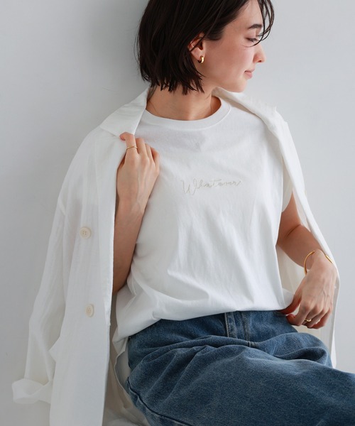 andme(アンドミー)の「コットン天竺エンブロイダリーロゴフレンチスリーブTシャツ(Tシャツ/カットソー・レディース・ラベンダー/ブラック/オフホワイト/ベージュ/グリーン/ブルー/チャコールグレー/ピンク/ネイビー・M)」の15枚目の写真