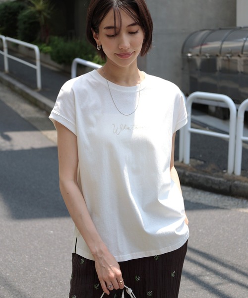 andme(アンドミー)の「コットン天竺エンブロイダリーロゴフレンチスリーブTシャツ(Tシャツ/カットソー・レディース・ラベンダー/ブラック/オフホワイト/ベージュ/グリーン/ブルー/チャコールグレー/ピンク/ネイビー・M)」の16枚目の写真