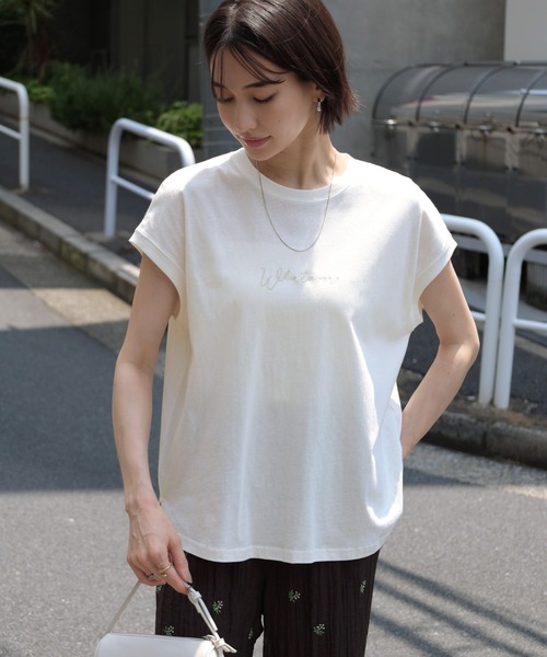 andme(アンドミー)の「コットン天竺エンブロイダリーロゴフレンチスリーブTシャツ(Tシャツ/カットソー・レディース・ラベンダー/ブラック/オフホワイト/ベージュ/グリーン/ブルー/チャコールグレー/ピンク/ネイビー・M)」の20枚目の写真
