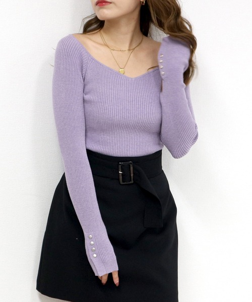 ROYAL PARTY（ロイヤルパーティー）の「【洗えるニット】オープンネックニットトップス（ニット/セーター・レディース・マルチ/モカ/オレンジ/ライトグレー/パープル/ブラック系その他/ブラック/オフホワイト・FREE）」の6枚目の写真