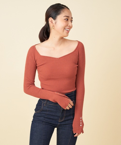 ROYAL PARTY（ロイヤルパーティー）の「【洗えるニット】オープンネックニットトップス（ニット/セーター・レディース・マルチ/モカ/オレンジ/ライトグレー/パープル/ブラック系その他/ブラック/オフホワイト・FREE）」の7枚目の写真