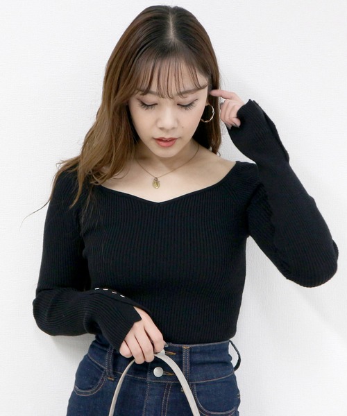 ROYAL PARTY（ロイヤルパーティー）の「【洗えるニット】オープンネックニットトップス（ニット/セーター・レディース・マルチ/モカ/オレンジ/ライトグレー/パープル/ブラック系その他/ブラック/オフホワイト・FREE）」の3枚目の写真