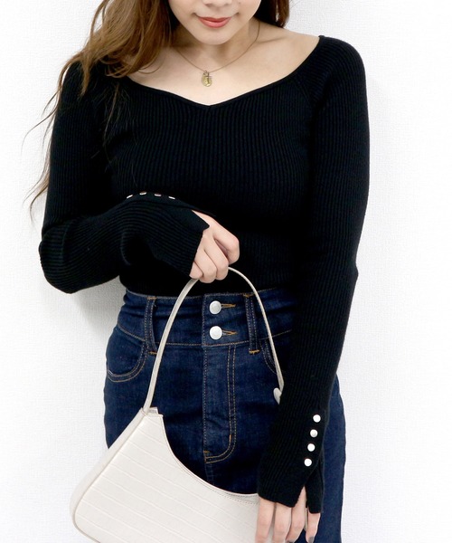 ROYAL PARTY（ロイヤルパーティー）の「【洗えるニット】オープンネックニットトップス（ニット/セーター・レディース・マルチ/モカ/オレンジ/ライトグレー/パープル/ブラック系その他/ブラック/オフホワイト・FREE）」の9枚目の写真