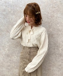 レースアップ花刺繍ニットPO