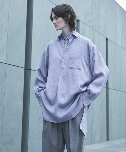 Blanc YM（ブランワイエム）の「Blanc YM ブランワイエム / Long Acetate Shirt オーバーサイズ アセテートロングシャツ プルオーバー トロミシャツ / BL-22S-ALS（シャツ/ブラウス・メンズ・サックスブルー/キナリ・MEDIUM）」の2枚目の写真