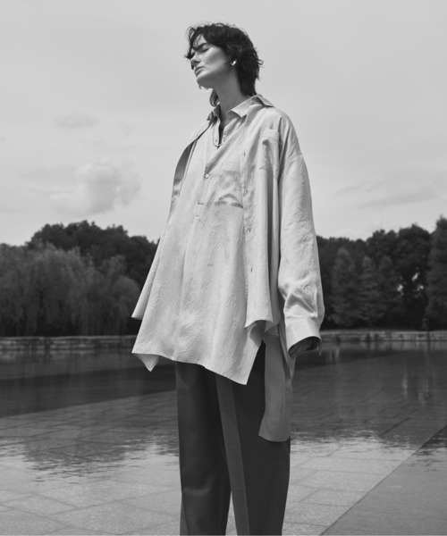 Blanc YM（ブランワイエム）の「Blanc YM ブランワイエム / Long Acetate Shirt オーバーサイズ アセテートロングシャツ プルオーバー トロミシャツ / BL-22S-ALS（シャツ/ブラウス・メンズ・サックスブルー/キナリ・MEDIUM）」の5枚目の写真