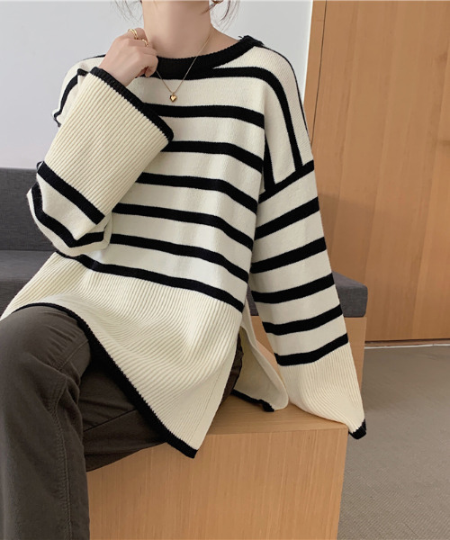 emi+(エミプラス)の「サイドスリットボーダーニットトップス(ニット/セーター・レディース・ホワイト/ブラック・FREE)」の14枚目の写真