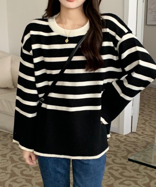 emi+(エミプラス)の「サイドスリットボーダーニットトップス(ニット/セーター・レディース・ホワイト/ブラック・FREE)」の15枚目の写真