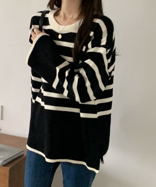 emi+(エミプラス)の「サイドスリットボーダーニットトップス(ニット/セーター・レディース・ホワイト/ブラック・FREE)」の16枚目の写真