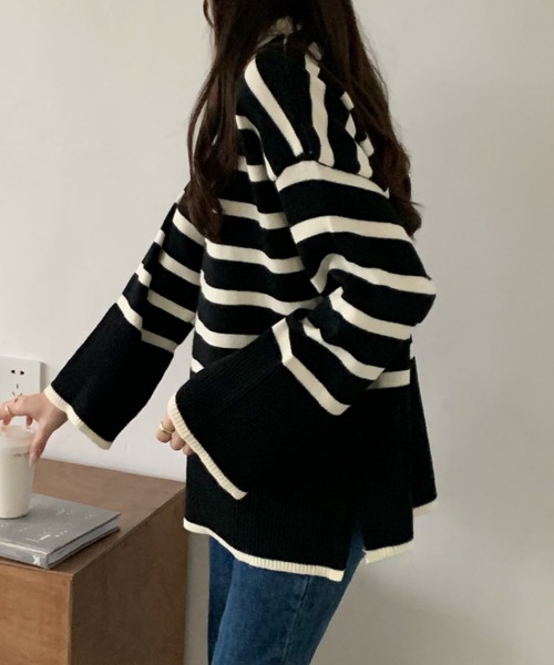 emi+(エミプラス)の「サイドスリットボーダーニットトップス(ニット/セーター・レディース・ホワイト/ブラック・FREE)」の17枚目の写真