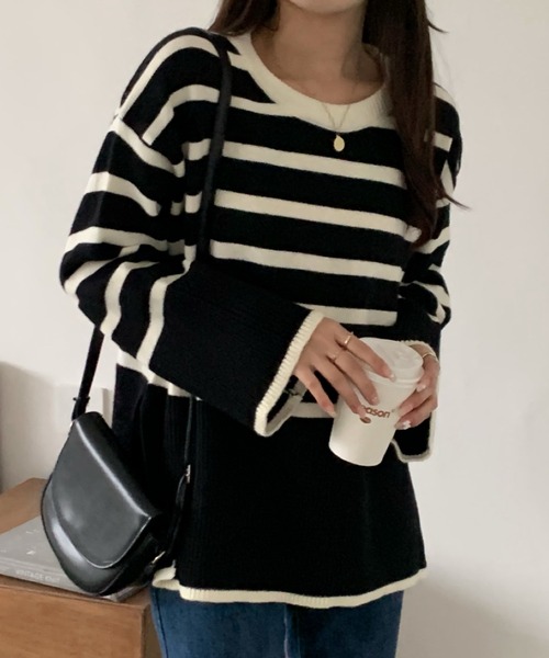 emi+(エミプラス)の「サイドスリットボーダーニットトップス(ニット/セーター・レディース・ホワイト/ブラック・FREE)」の18枚目の写真