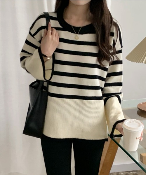 emi+(エミプラス)の「サイドスリットボーダーニットトップス(ニット/セーター・レディース・ホワイト/ブラック・FREE)」の20枚目の写真