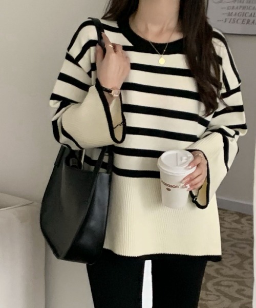 emi+(エミプラス)の「サイドスリットボーダーニットトップス(ニット/セーター・レディース・ホワイト/ブラック・FREE)」の22枚目の写真