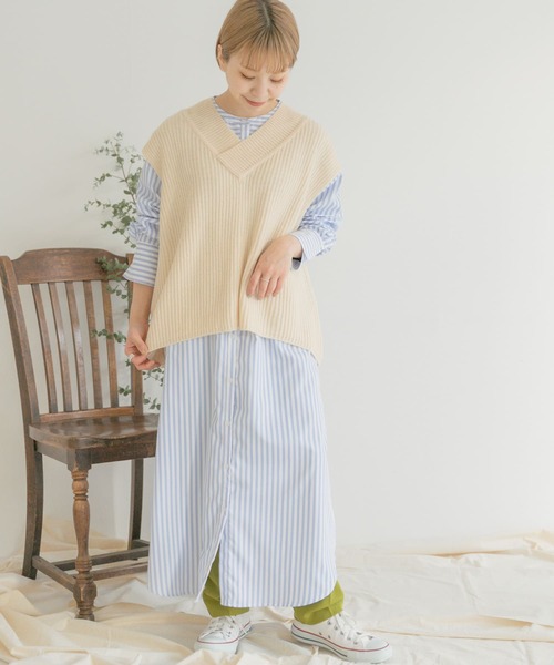 ITEMS URBANRESEARCH（アイテムズ アーバンリサーチ）の「ベストセットストライプシャツワンピース（ワンピース・レディース・ライトブルー/オフホワイト/ブルー・FREE）」の2枚目の写真